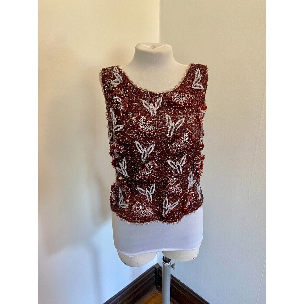 VTG 60s Sequin House of Gold Beaded Top Floral Bird Low Back Wool Silk Purple L